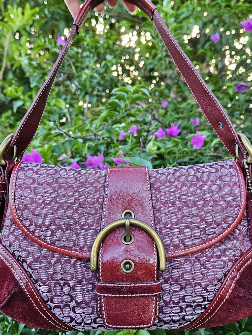 Vintage Coach 6818 Soho Signature Burgundy Red Suede Buckle Shoulder Bag